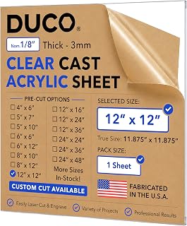 Duco 1/8" Clear Cast Acrylic Sheet, 12"x12" Plexiglass Sheet, 1 Pack | Stronger Than Glass, Laser Cutting & Engraving, UV-Stable, Durable & Shatter-Resistant Acrylic Board for Windows, Signs, DIY