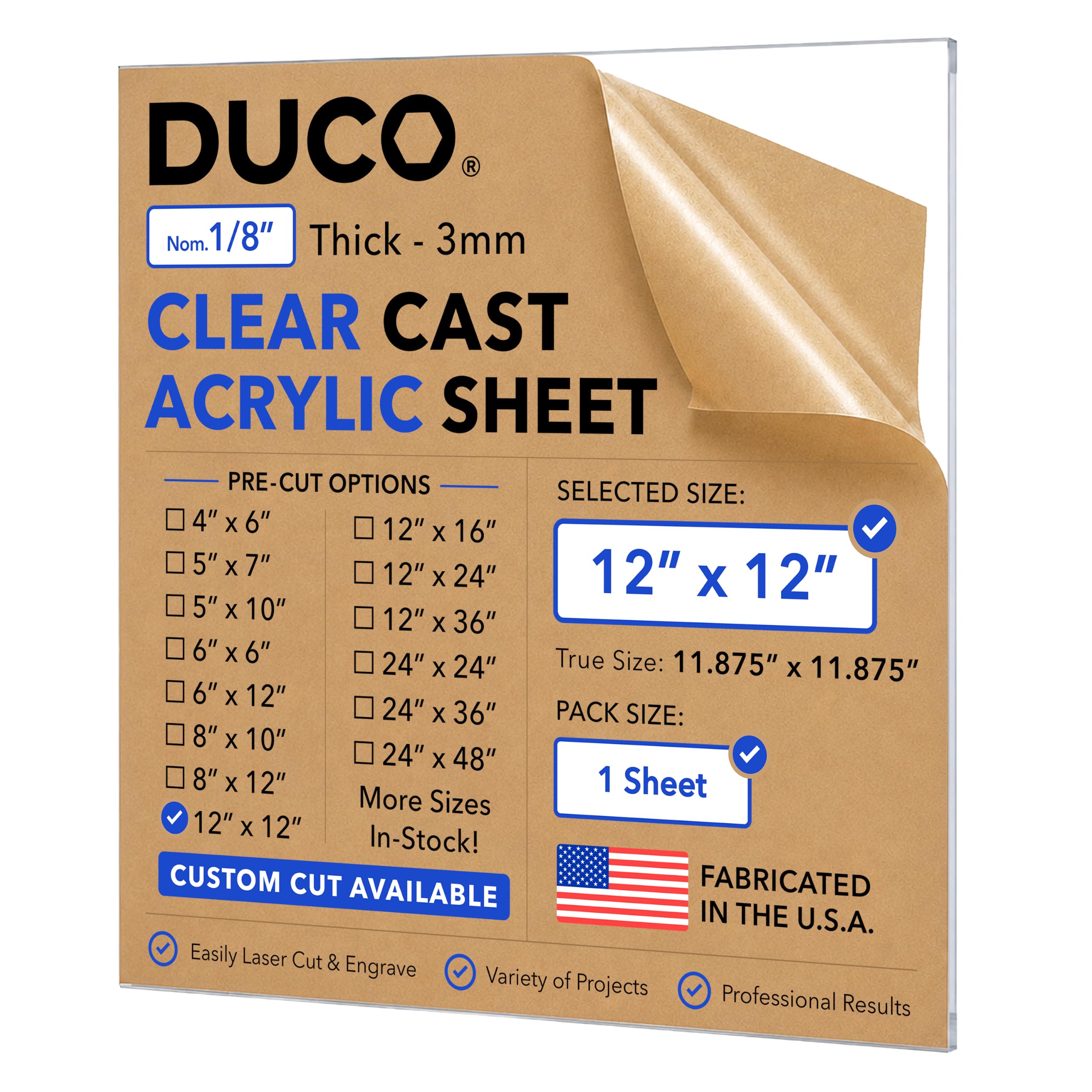Duco 1/8" Clear Cast Acrylic Sheet, 12"x12" Plexiglass Sheet, 1 Pack | Stronger 