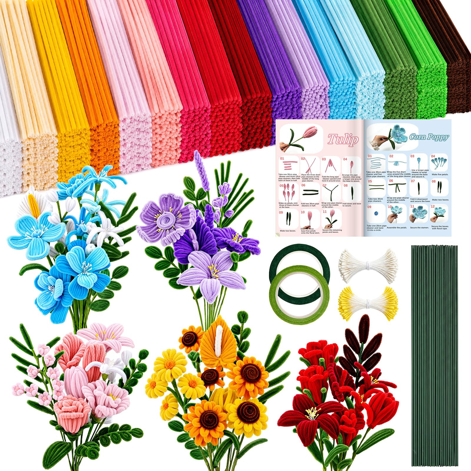 1600Pcs Pipe Cleaners Bulk for Crafts, DIY Pipe Cleaners Flowers Kit Handle | 16