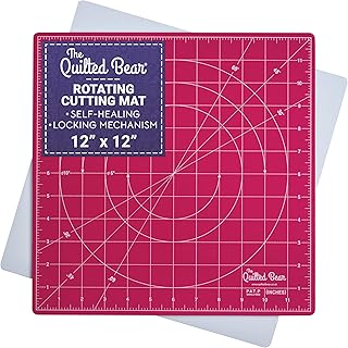 The Quilted Bear 12" x 12" Rotating Self-Healing Cutting Mat, Pink | Square Mat, 360° Rotation, Locking Mechanism, 5-Layer Surface, Non-Slip Base, Clear Inch Grid &amp; Angle Guides for Quilting