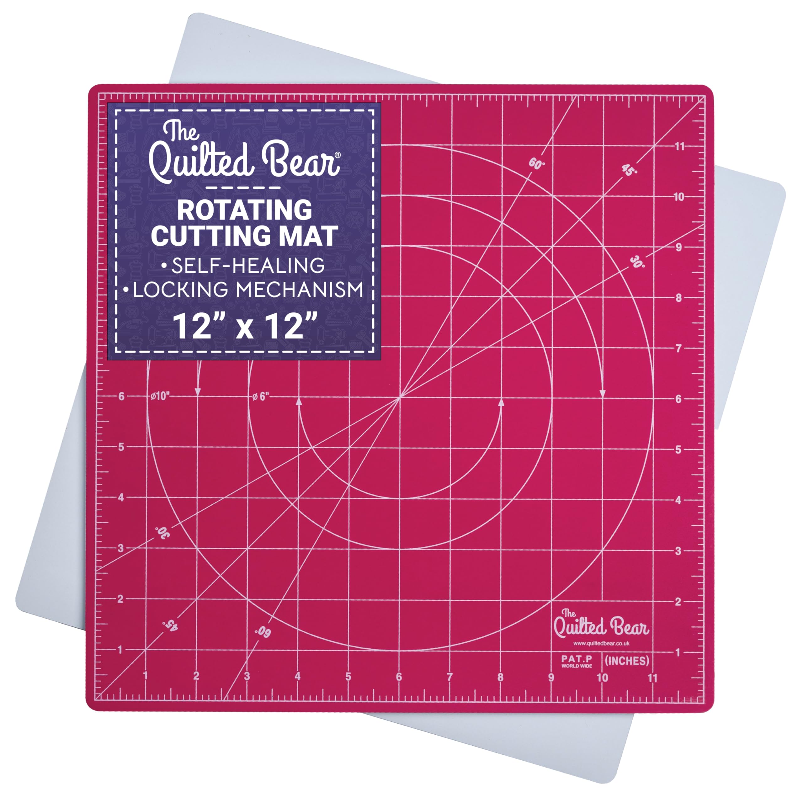 The Quilted Bear 12" x 12" Rotating Self-Healing Cutting Mat, Pink | Square Mat,