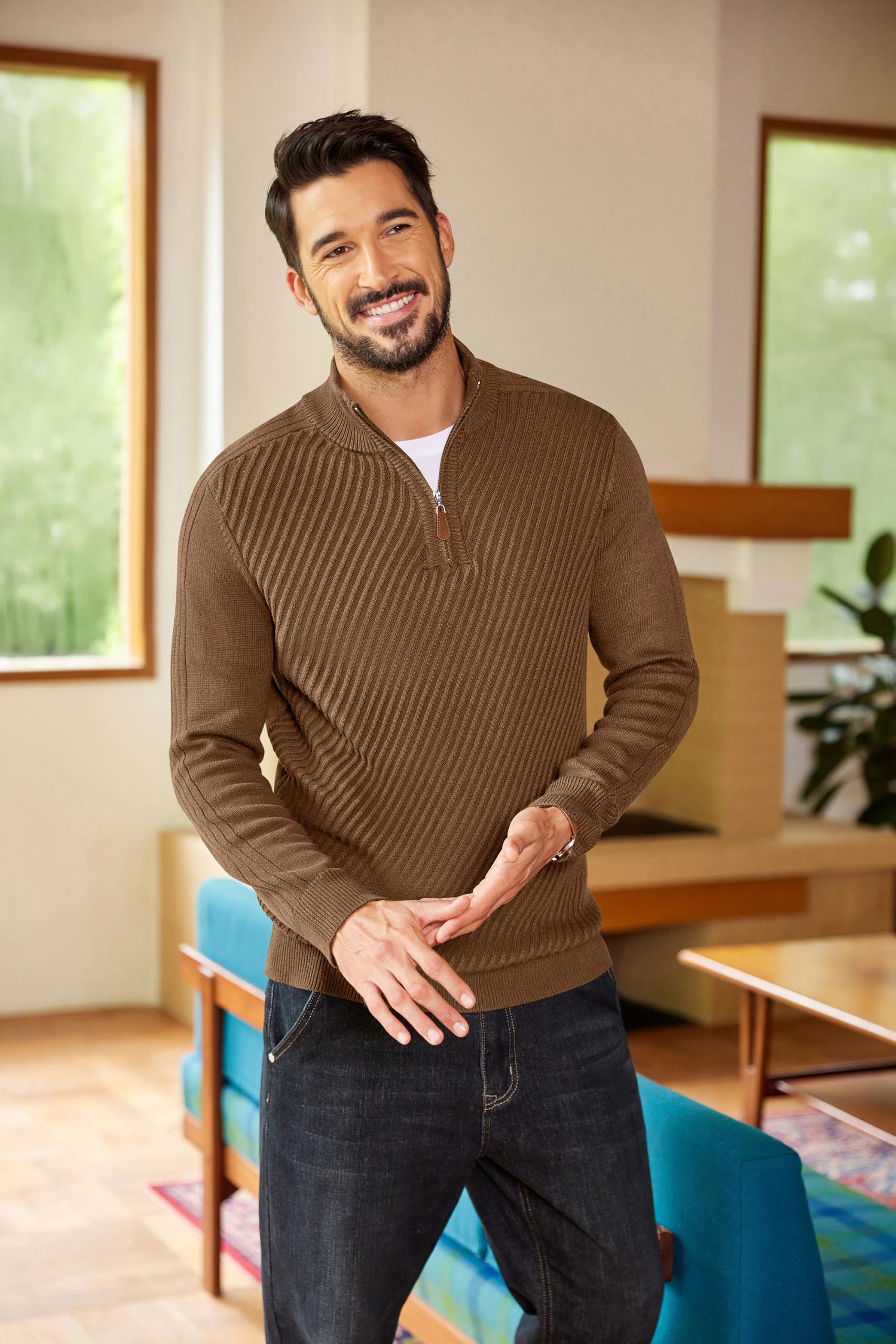 COOFANDY Men's Quarter Zip Sweater Casual Slim Fit Twill Textured Knit Sweater