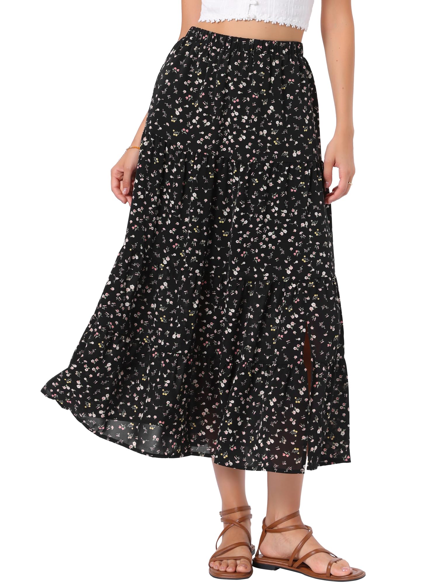 Allegra K Floral Maxi Skirt for Women Boho Elastic High Waist A-Line Skirts