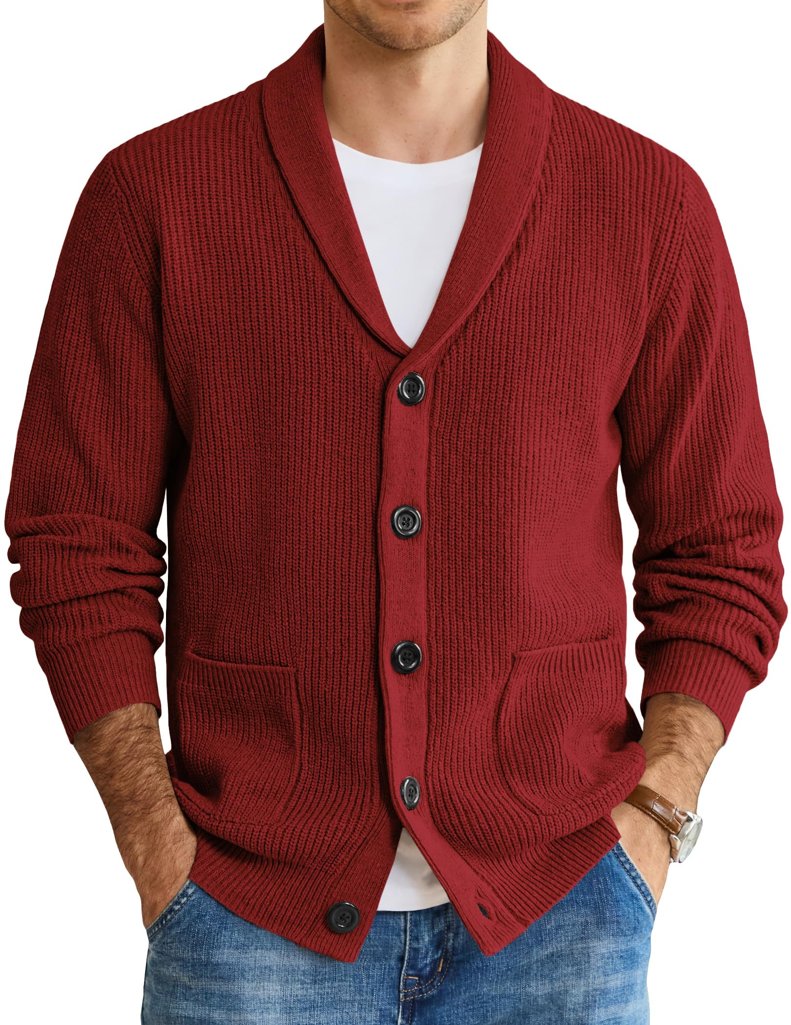COOFANDY メンズ ショールカラーカーディガンセーター スリムフィット ケーブルニット ボタンアップ コットンセーター ポケット付き US サイズ:
