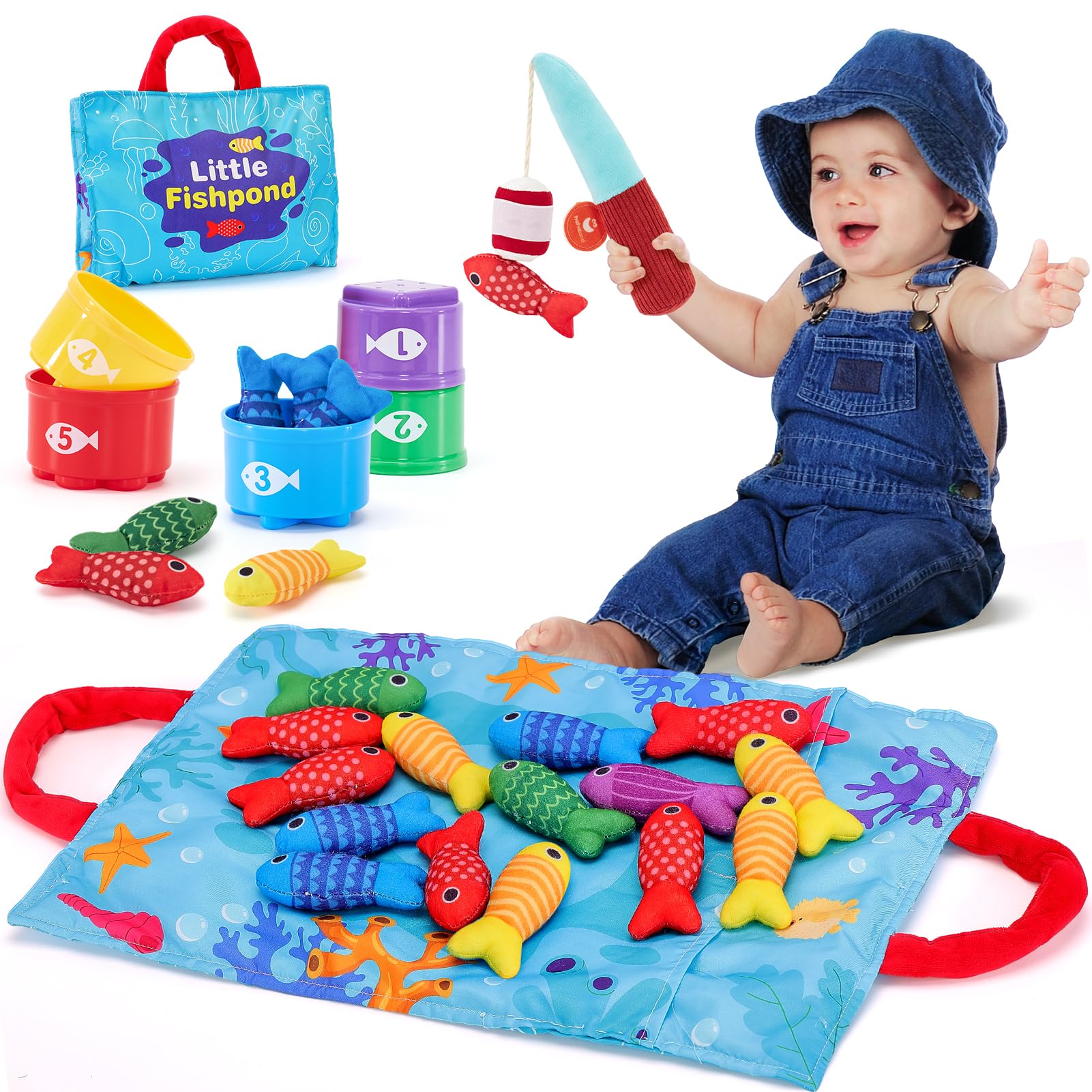 hahaland Montessori Toys for 1 Year Old, 10-in-1 Fabric Fishing Game | 1st Birth