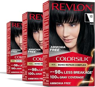 Revlon ColorSilk with Bond Repair Hair Color, 10 Black, 3pk | Permanent hair color with 100% gray coverage; ammonia free hair dye with bond repair complex and vegan keratin. 3 pack.