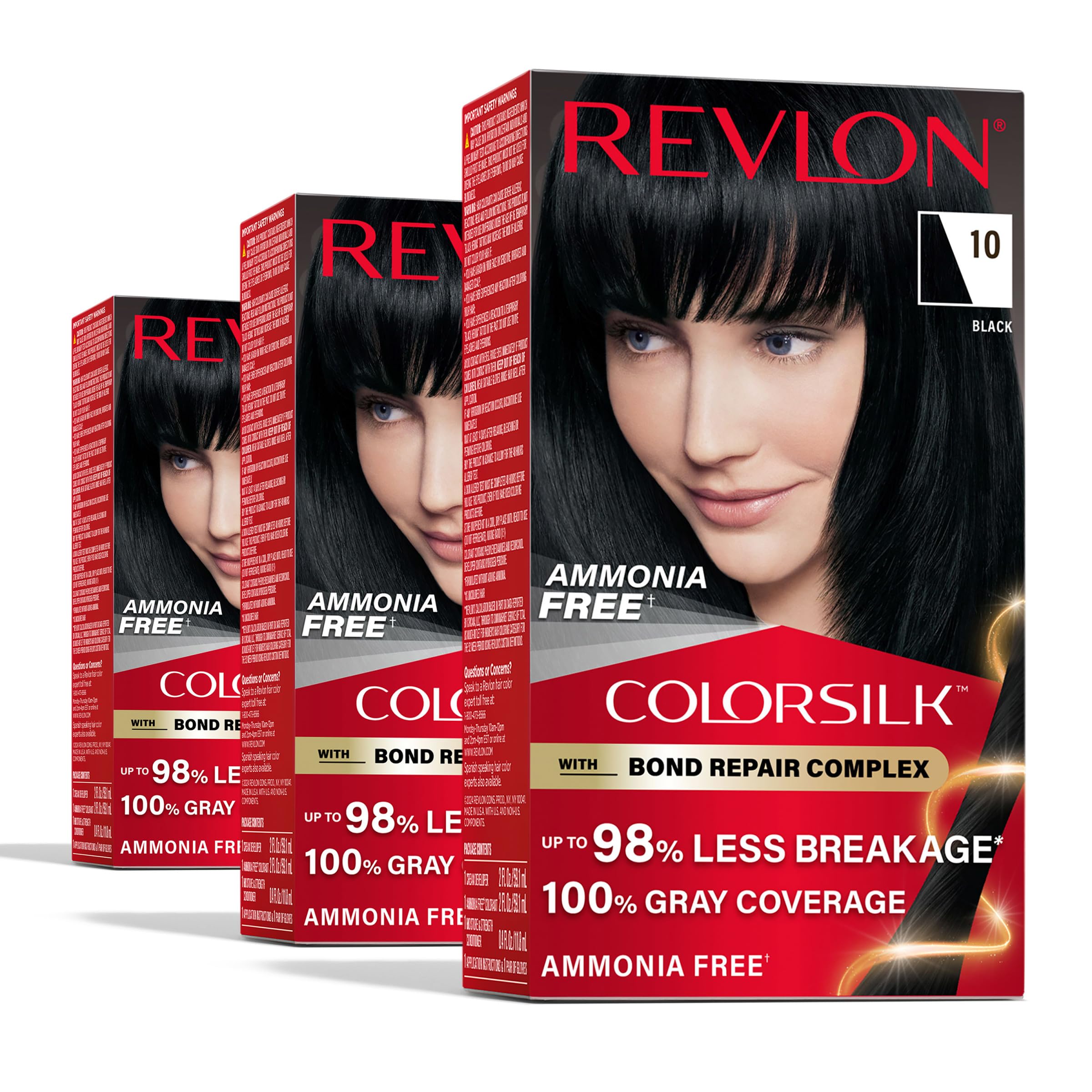 Revlon ColorSilk with Bond Repair Hair Color, 10 Black, 3pk | Permanent hair col