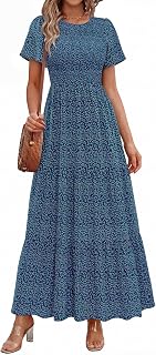PRETTYGARDEN Smocked Top Summer Dresses for Women 2026 Short Sleeve Floral Maxi Dress for Women Spring Maxi Dress with Ruffle Sleeves for Women Beach and Holiday Women (Pack of 1)