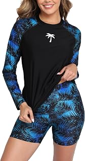 Halcurt Women's Long Sleeve 2 Piece Rash Guard Built in Bra Swimsuit Set