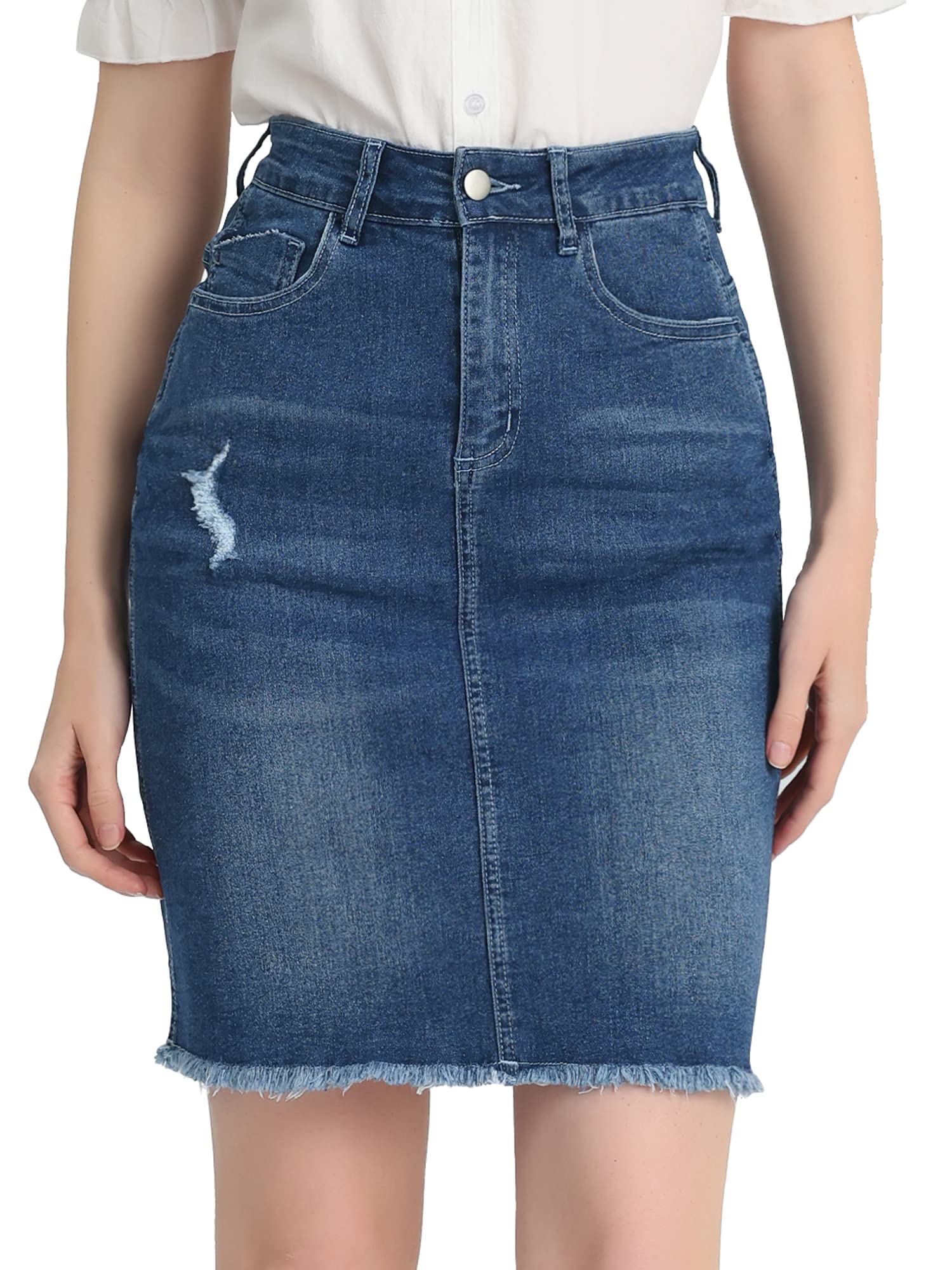 Allegra K Women's Basic Distressed High Waist Washed Jeans Denim Skirt
