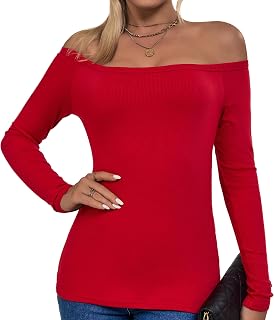 ASAIR Off The Shoulder Tops for Women Long Sleeve Shirts Ribbed Basic Trendy Stretchy Lightweight Tops
