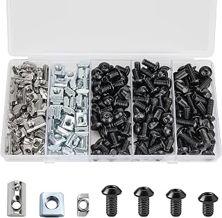 Sieqioor 230pcs M5 T-Nut Screw Kit for 2020/2040 Series Aluminum Extrusion | 50 sliding+50 standard+15 half-roll spring nuts+115 black hex screws(M5×8/10/12/14mm). For 3D printers, CNC, laser engravers