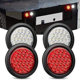 Nilight 4Inch Round Trailer Tail Light 4PCS White Red Brake Turn Signal Reverse Lights w/Flush Mount Grommets Plugs IP67 Waterproof for 12V Truck Bus RV Camper ATV UTV