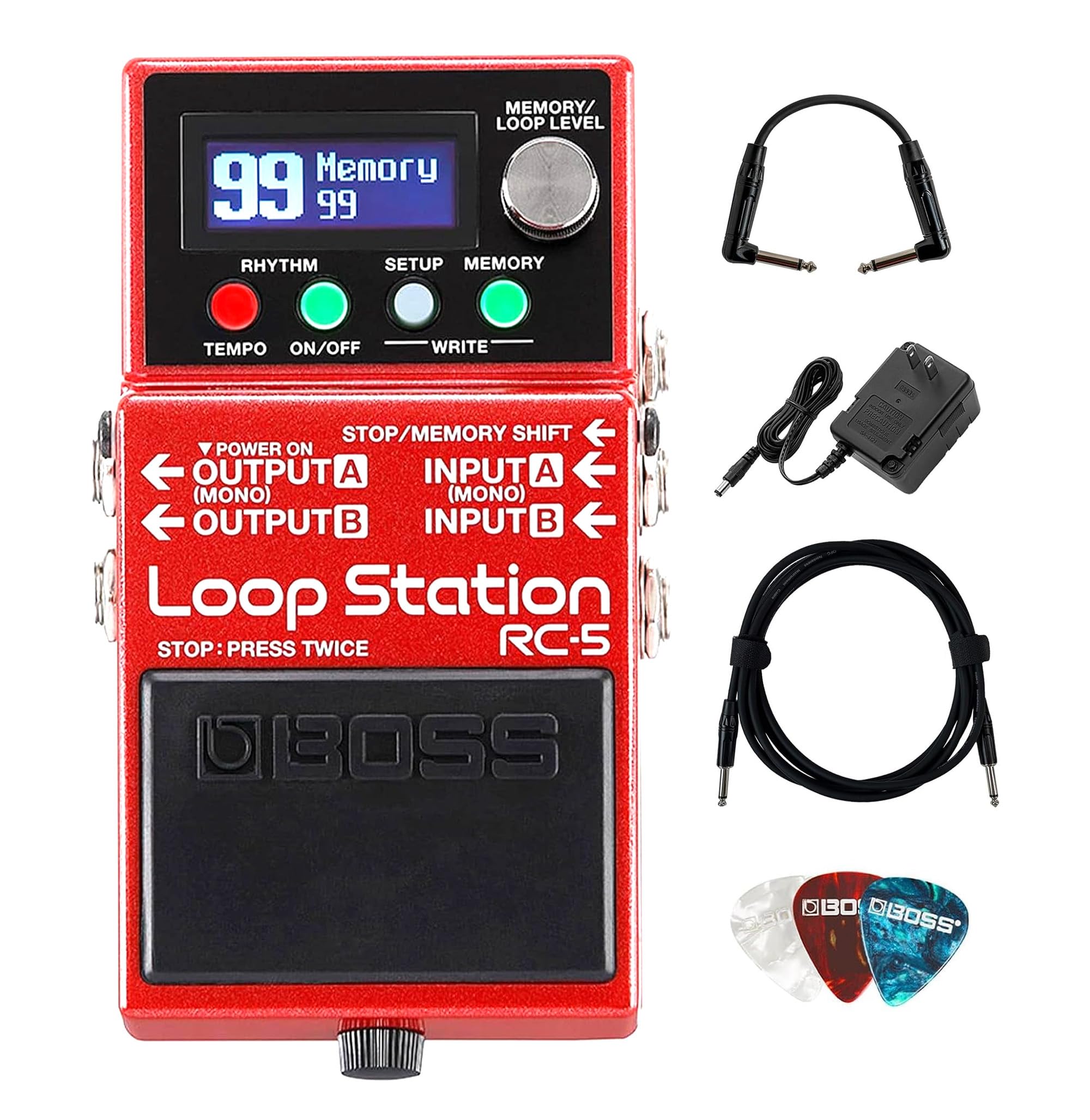Boss RC-5 Loop Station | Bundle with Gearlux Power Supply, Instrument Cable, Pat