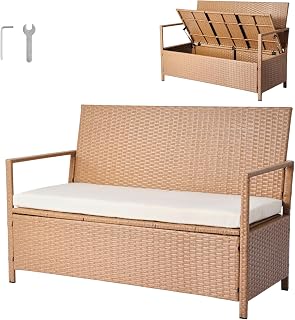 VEVOR Outdoor Storage Bench, 2-Person PE Rattan Storage Bench, 70 Gal Deck Box with Cushion, Supports up to 265 lbs, Outdoor Seating & Porch Decor for Patio Garden Balcony Yard