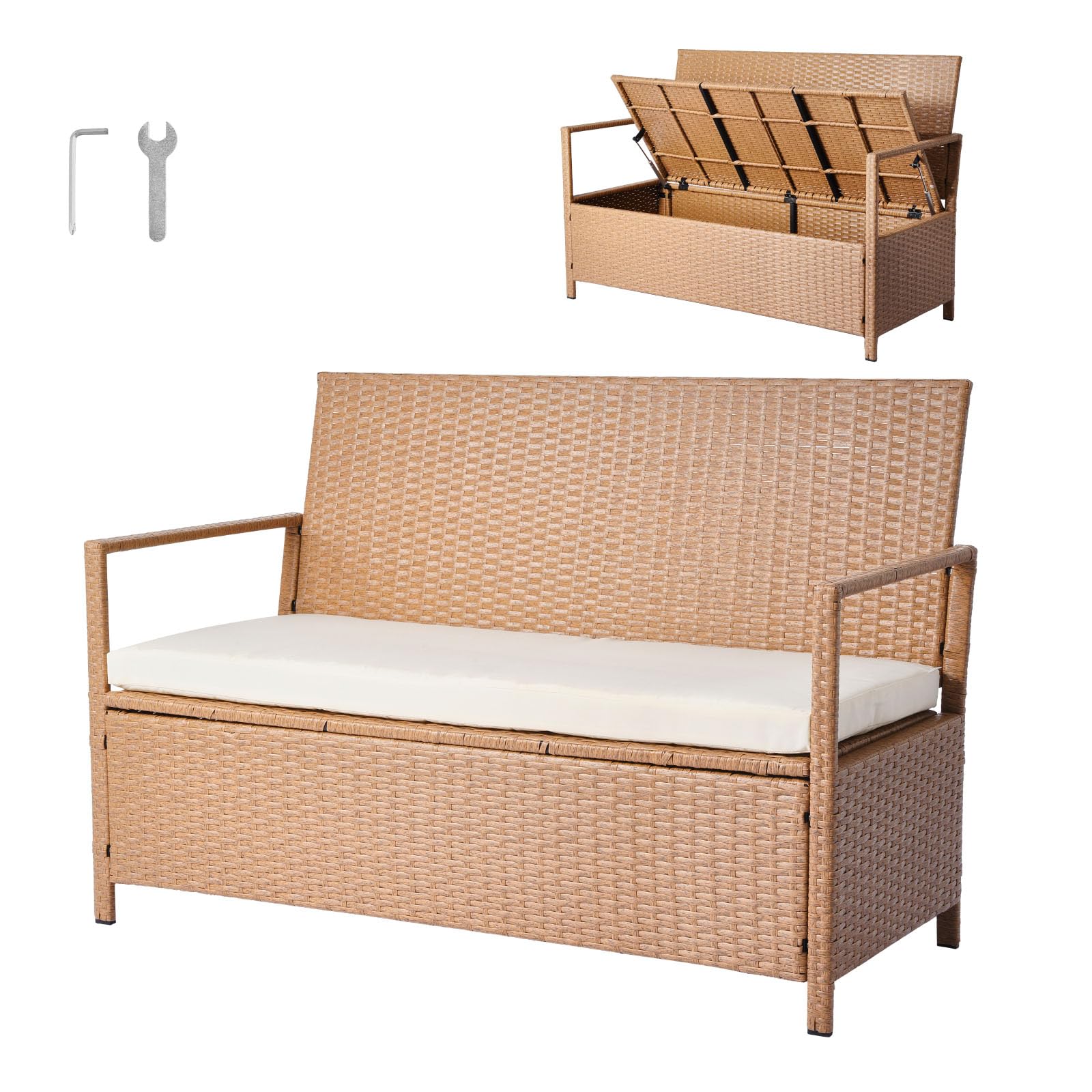 VEVOR Outdoor Storage Bench, 2-Person PE Rattan Storage Bench, 70 Gal Deck Box w