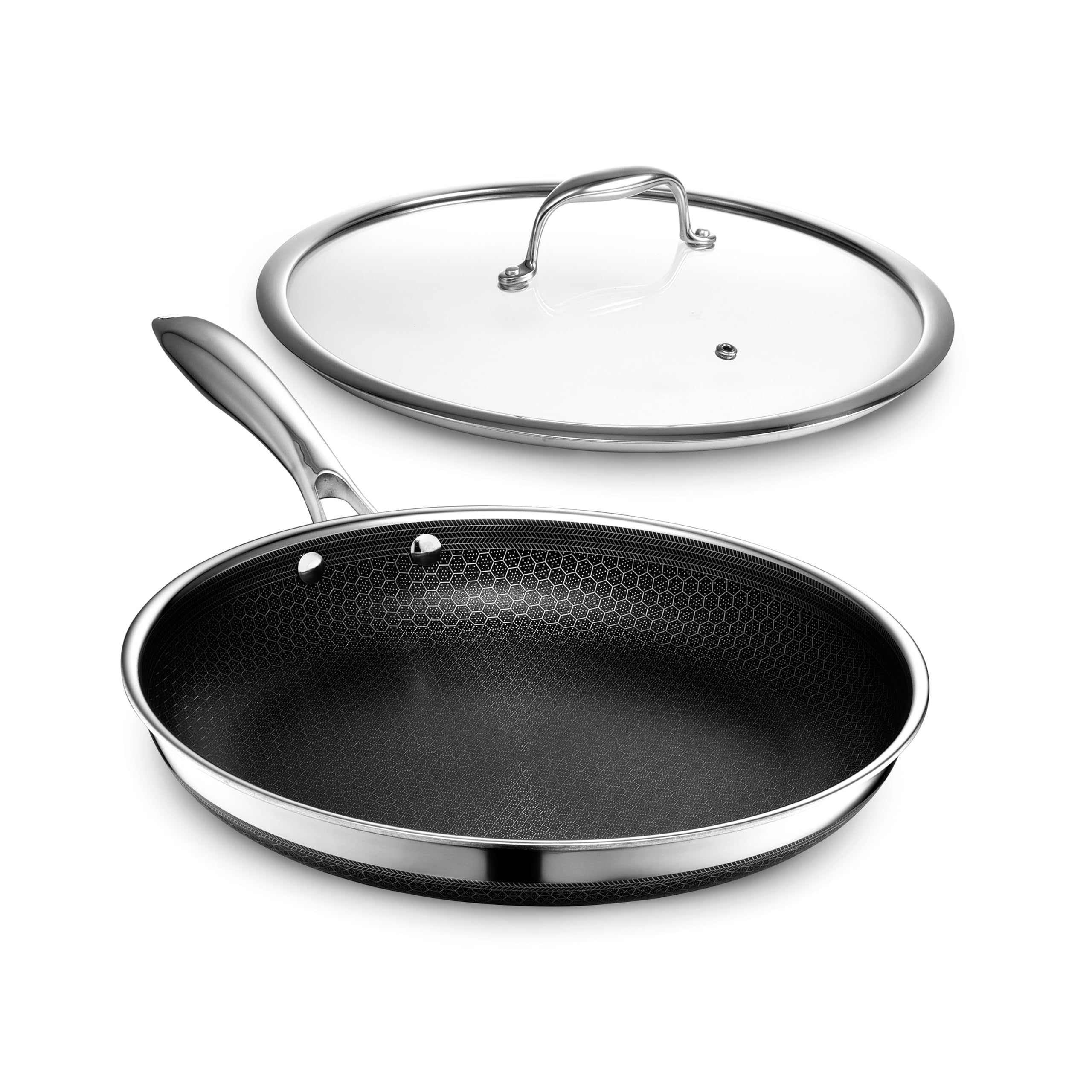 HexClad 12" Hybrid Nonstick Frying Pan with Lid, Dishwasher & Oven Safe | Stay-C