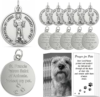 Rlcvecv 10 Pcs Saint Francis of Assisi Pet Medals with Holy Cards Set, St Francis Tag Hang on Dog or Cat's Collar,Catholic Dog Tag Patron Saint of Animals Medal