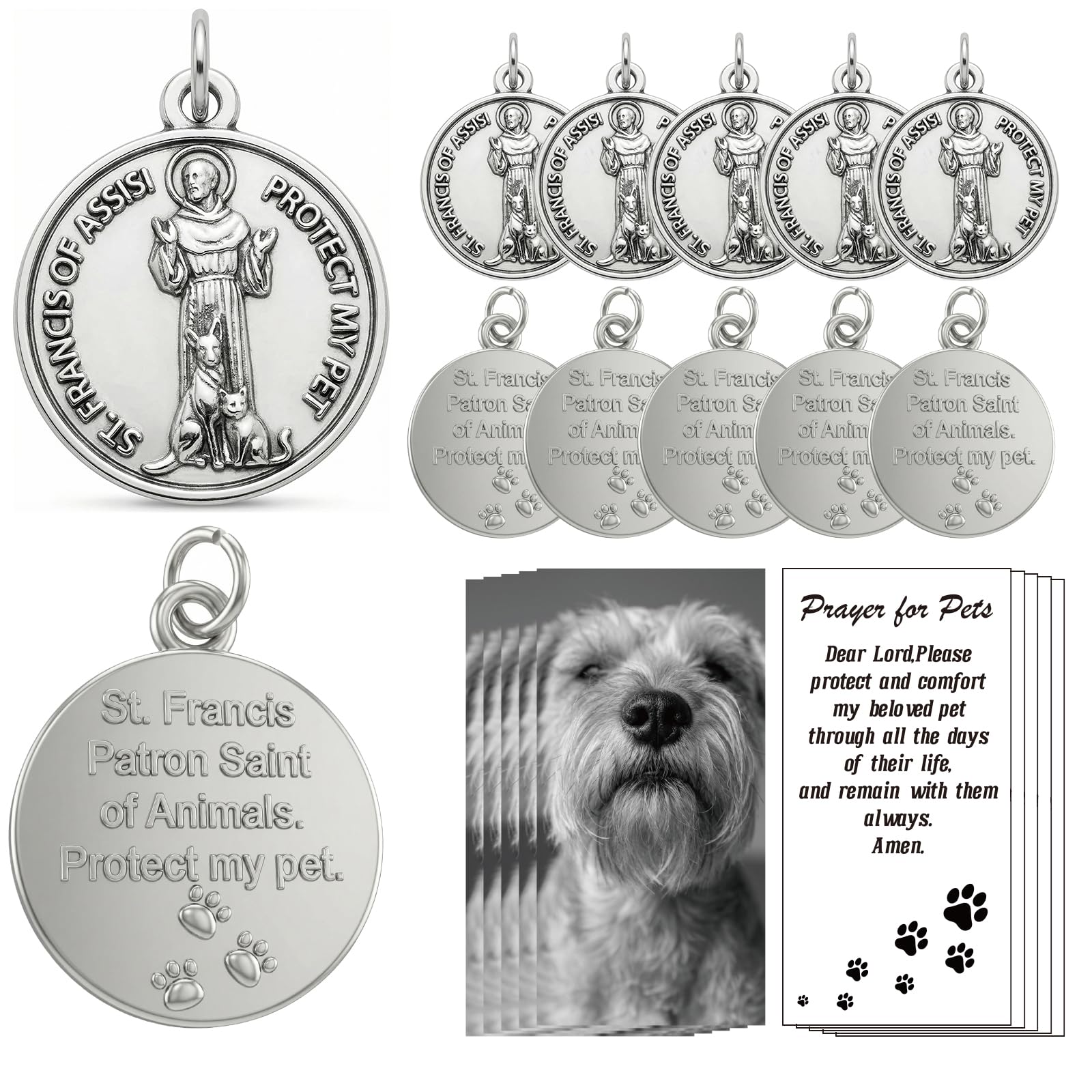 Rlcvecv 10 Pcs Saint Francis of Assisi Pet Medals with Holy Cards Set, St Franci