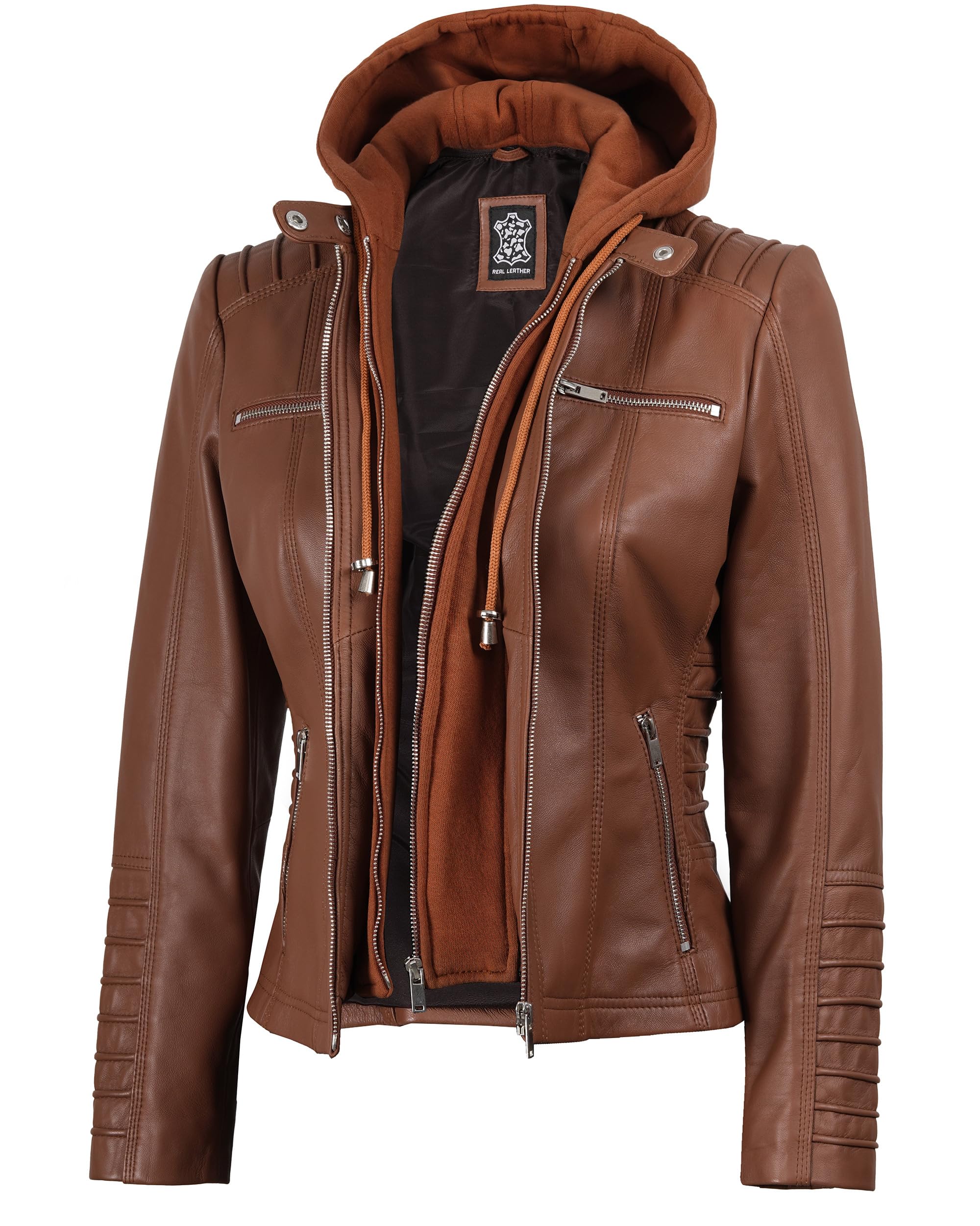 fjackets Women's Real Lambskin Fur Bomber Jacket with Removable Hood, Women's Ho