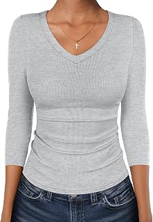 ANRABESS Camisetas de manga 3/4 con cuello en V para mujer, de punto acanalado, ajustadas, básicas, para otoño, casual, ropa de moda