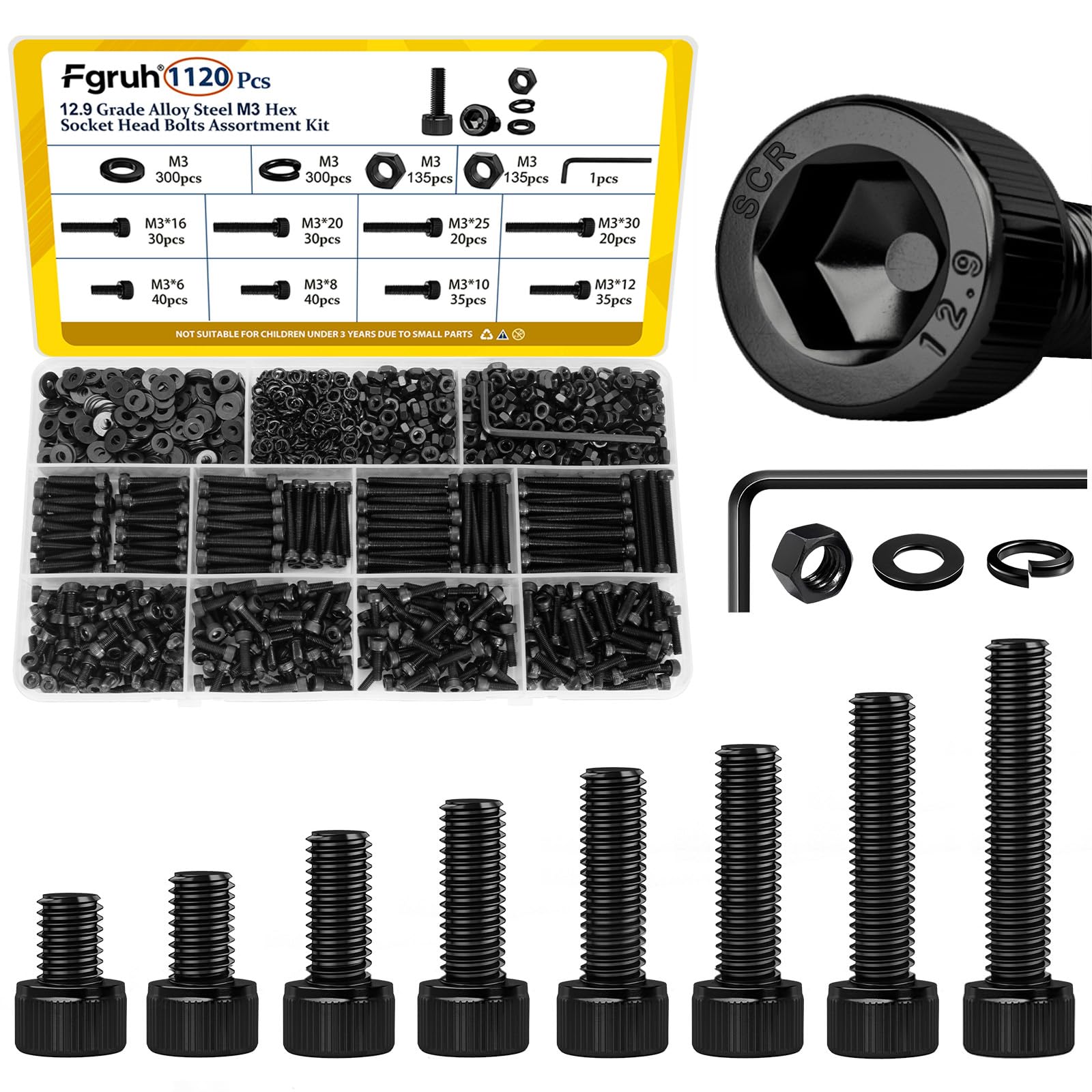 Fgruh 1120PCS M3 Socket Screws Assortment Kit,M3x6/8/10/12/16/20/25/30 mm | M3-0