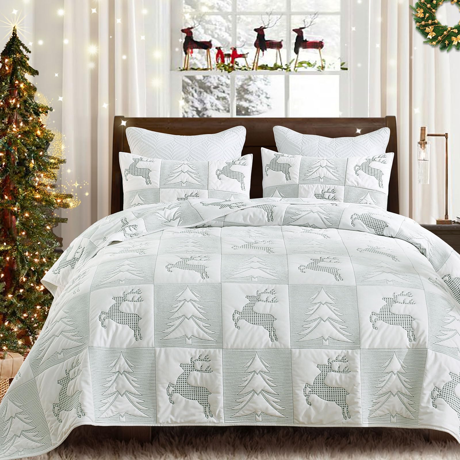 Grassix Christmas Quilt Set Queen Size, Holiday Bedding Coverlet, White