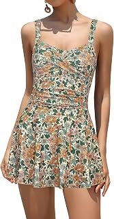 SHEKINI Women's One Piece Twist Front Skirt Swimwear Retro Padded Swim Dress with Shorts