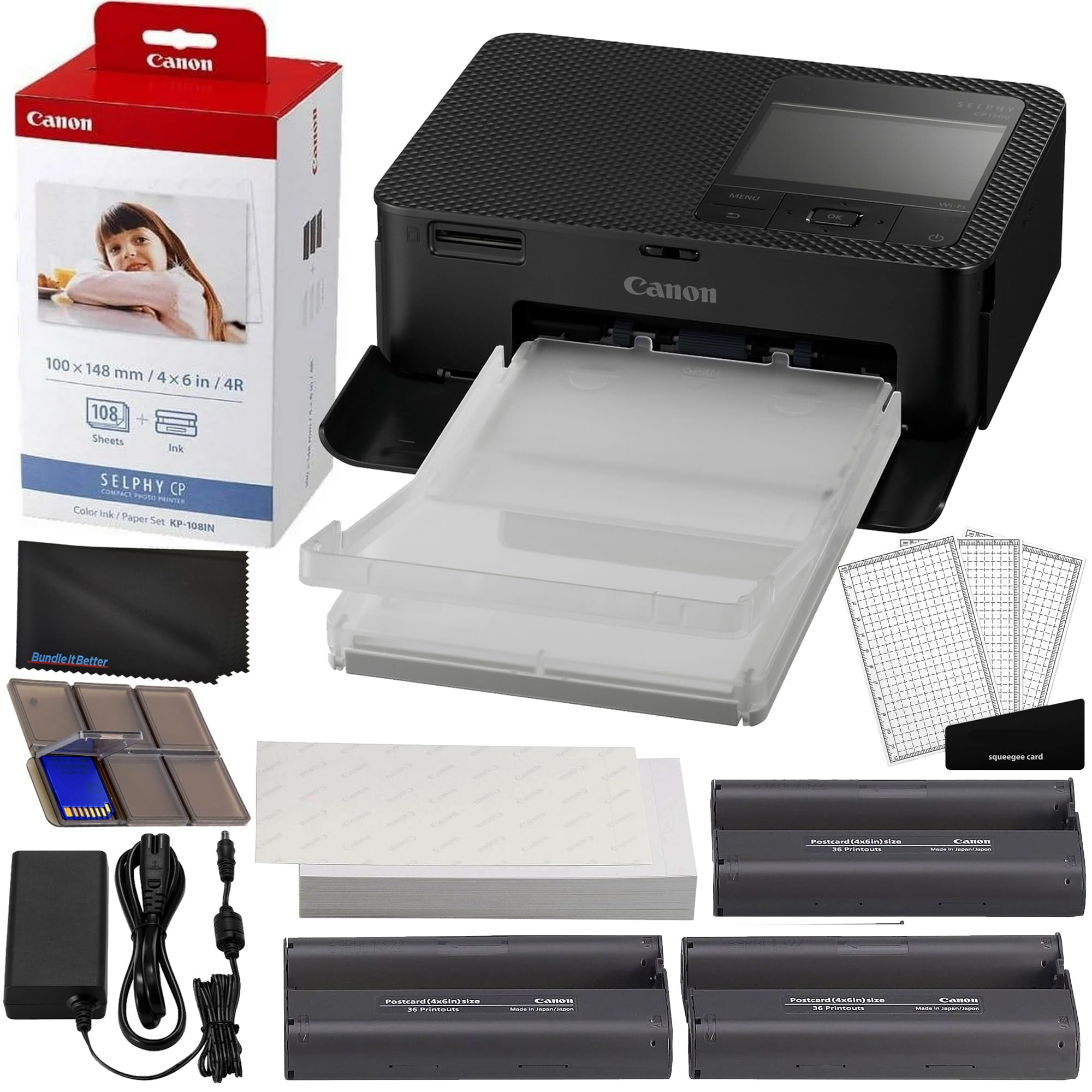 Canon Selphy CP1500 Wireless Compact Photo Printer (Black) Bundle with KP-108IN 