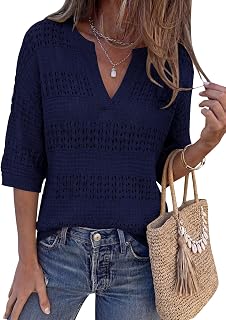 PRETTYGARDEN Womens Crochet Tops Casual Cotton Hollow Out Knit Short Sleeve Oversized Sweater for Women Summer Beach Cover Up