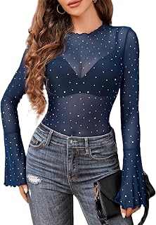 Avidlove Women Rhinestone Mesh Tops Long Sleeve Bell Tops Glitter Blouses Sexy Shirts Disco Clothing Dresses S-XXL