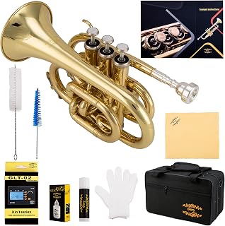 Glory Bb Pocket Trumpet with Case, Cleaning Cloth, Gloves, Gold Lacquer (LAQUER)