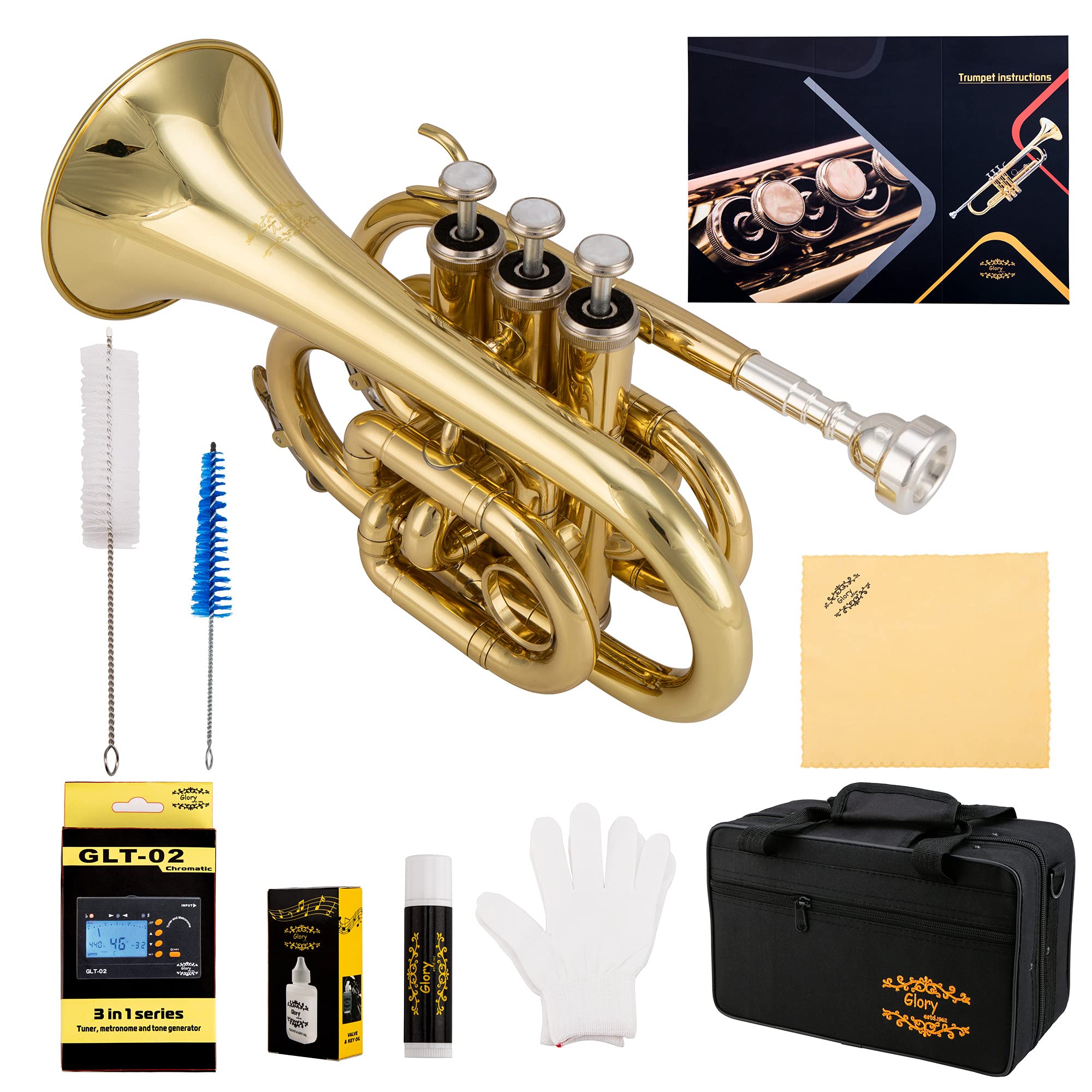 Glory Bb Pocket Trumpet with Case, Cleaning Cloth, Gloves, Gold Lacquer (LAQUER)