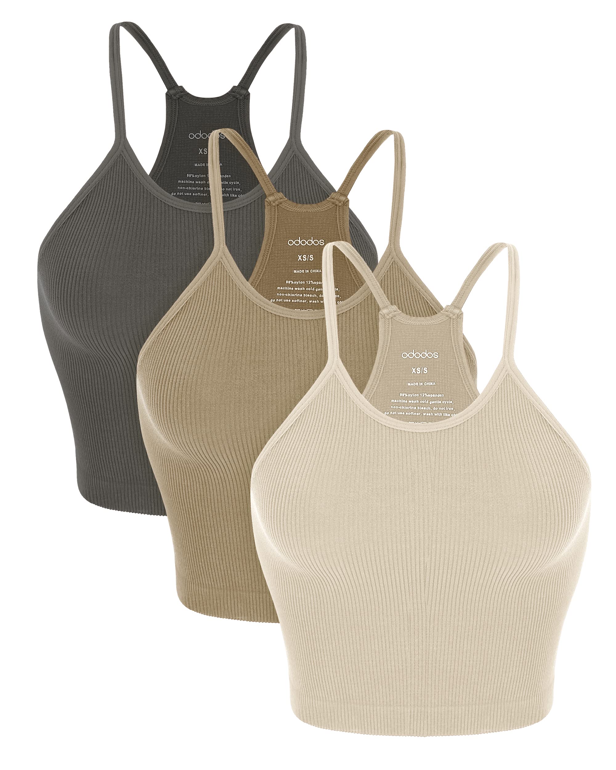 ODODOS Women's Crop 3-Pack Seamless Rib-Knit Camisole Crop Tank Tops