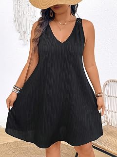 Women's Plus Size Hollow Textured Tank Dress with V Neck Sleeveless