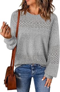 Lylinan Women's Casual Boho Long Sleeve Sweaters Crew Neck Lightweight Crochet Knit Sweater Tops