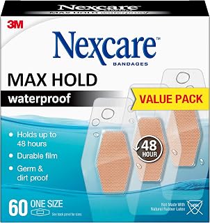 Nexcare Max Hold Waterproof Bandages, Stays On for 48 Hours, Flexible Bandages for Fingers, Knees and Heels - 60 Pack Clear Waterproof Bandages