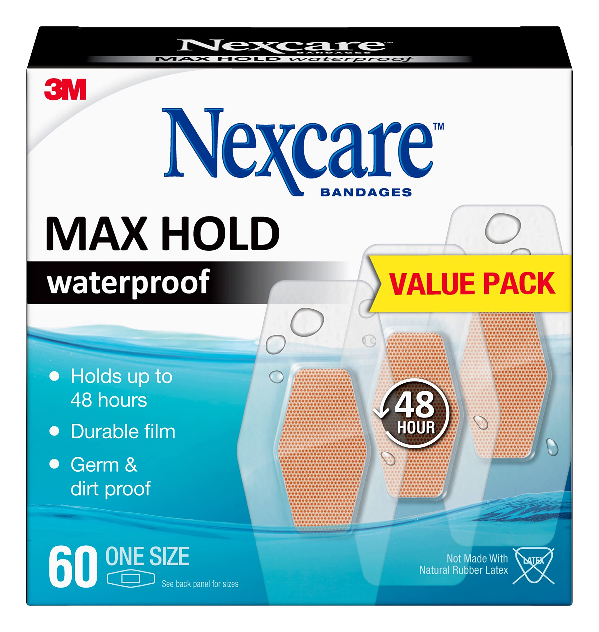 Nexcare Max Hold Waterproof Bandages, Stays On for 48 Hours, Flexible Bandages f