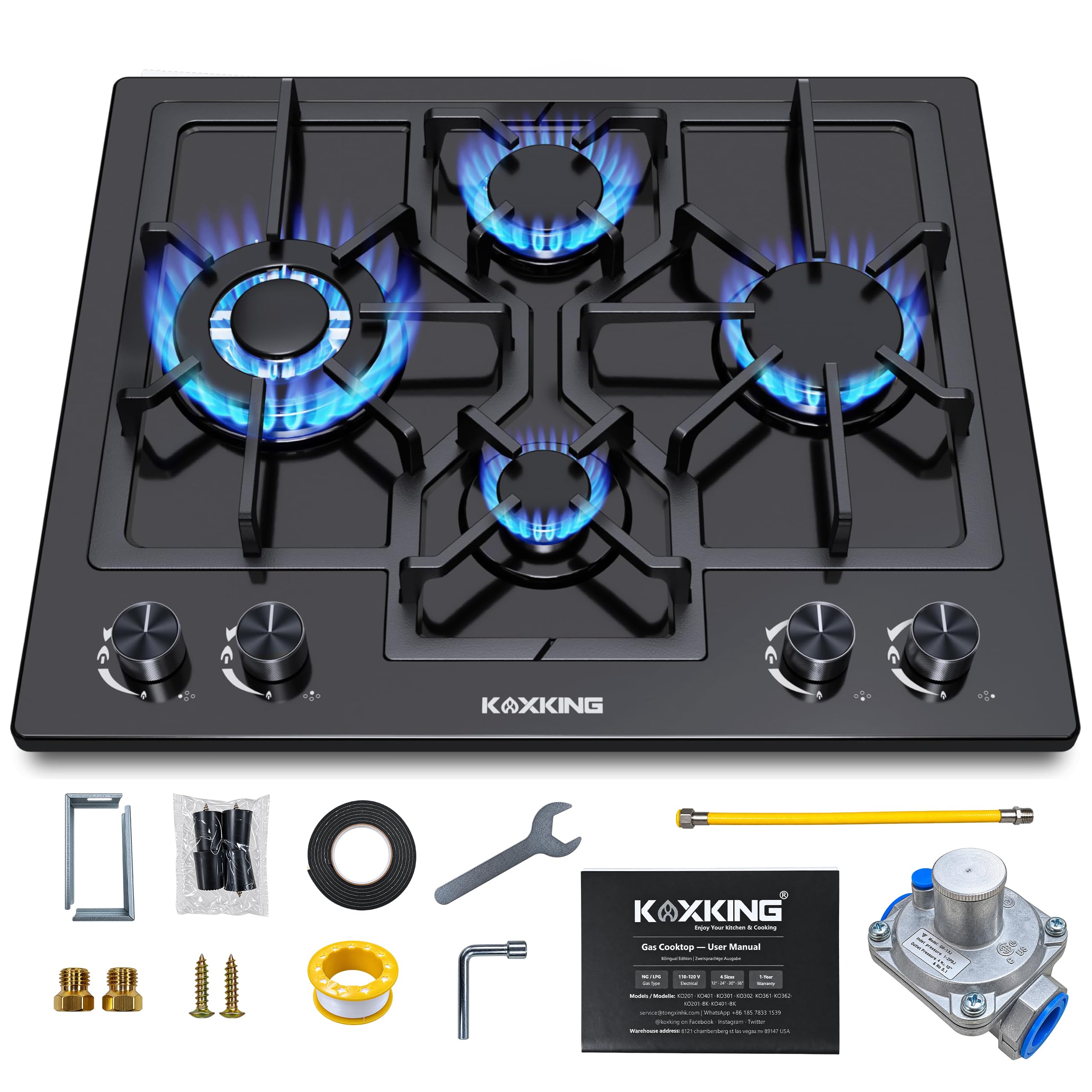 24 Inch 4 Burner Gas Cooktop, Built-In Propane/Natural Gas Stove Top, Black | NG
