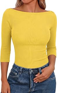 Aottori T Shirts Women UK 3/4 Sleeve Summer Tops Boat Neck Ribbed Tee Shirt Ladies Stretch Fitted Basic Tunic Top Casual Solid