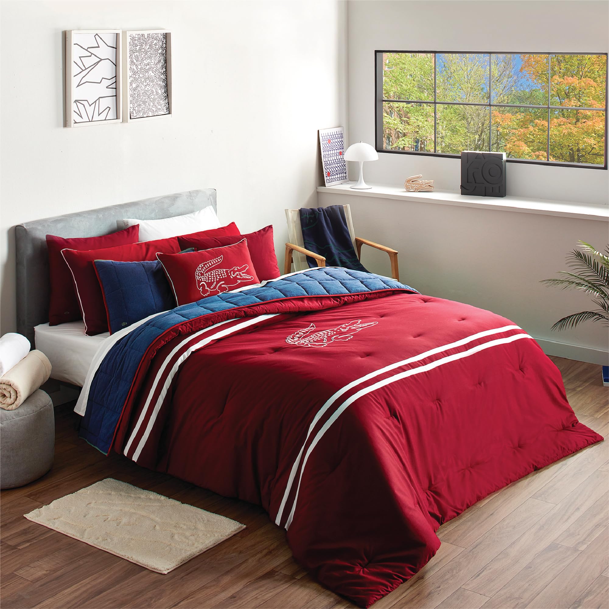 Lacoste Big Croc 100% Cotton Percale Comforter Set, Rio Red, Full/Queen