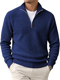 JMIERR Men's Waffle Knit Sweater Pullover Quarter Zip Suede Patch