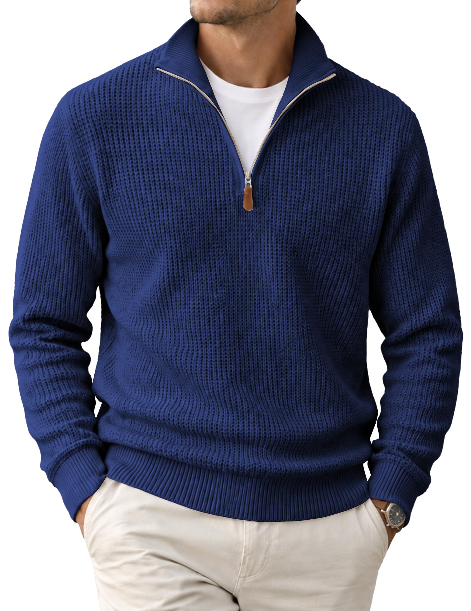 JMIERR Men's Waffle Knit Sweater Pullover Quarter Zip Suede Patch
