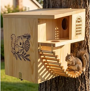 Squirrel House 16.5" Large Heavy Duty Weatherproof Solid Wood Squirrel Nesting Box with Porch, Climbing Ladder & Anti-Predator Latch, Fun Family DIY Assembly Kit Gift, Backyard Outdoor Decor