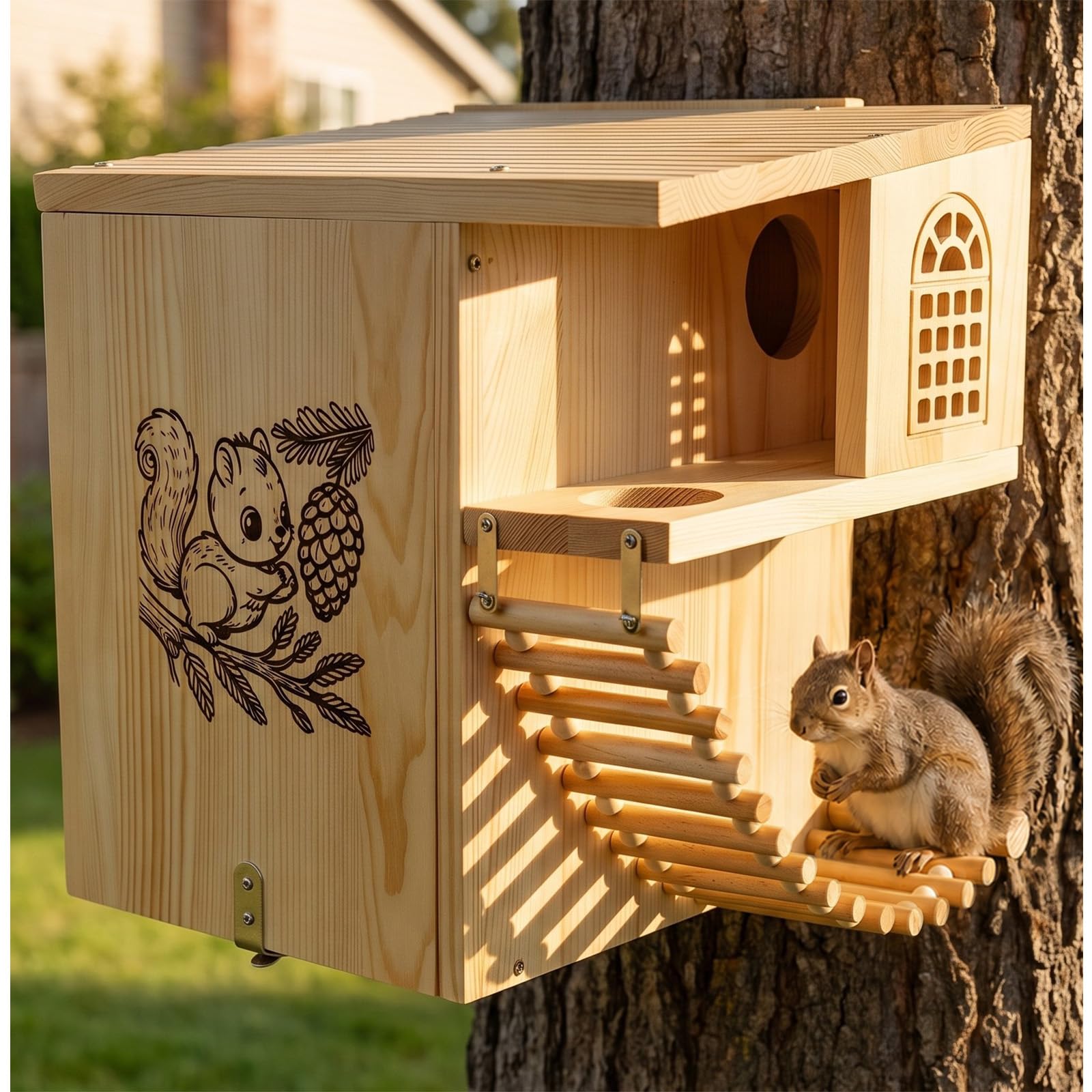 Squirrel House 16.5" Large Heavy Duty Weatherproof Solid Wood Squirrel Nesting B