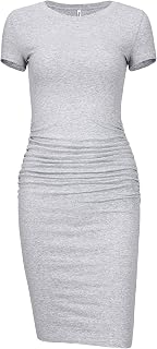 Missufeintl Women's Bodycon Ruched Short Sleeve T Shirt Midi Sundress Fitted Casual Dress