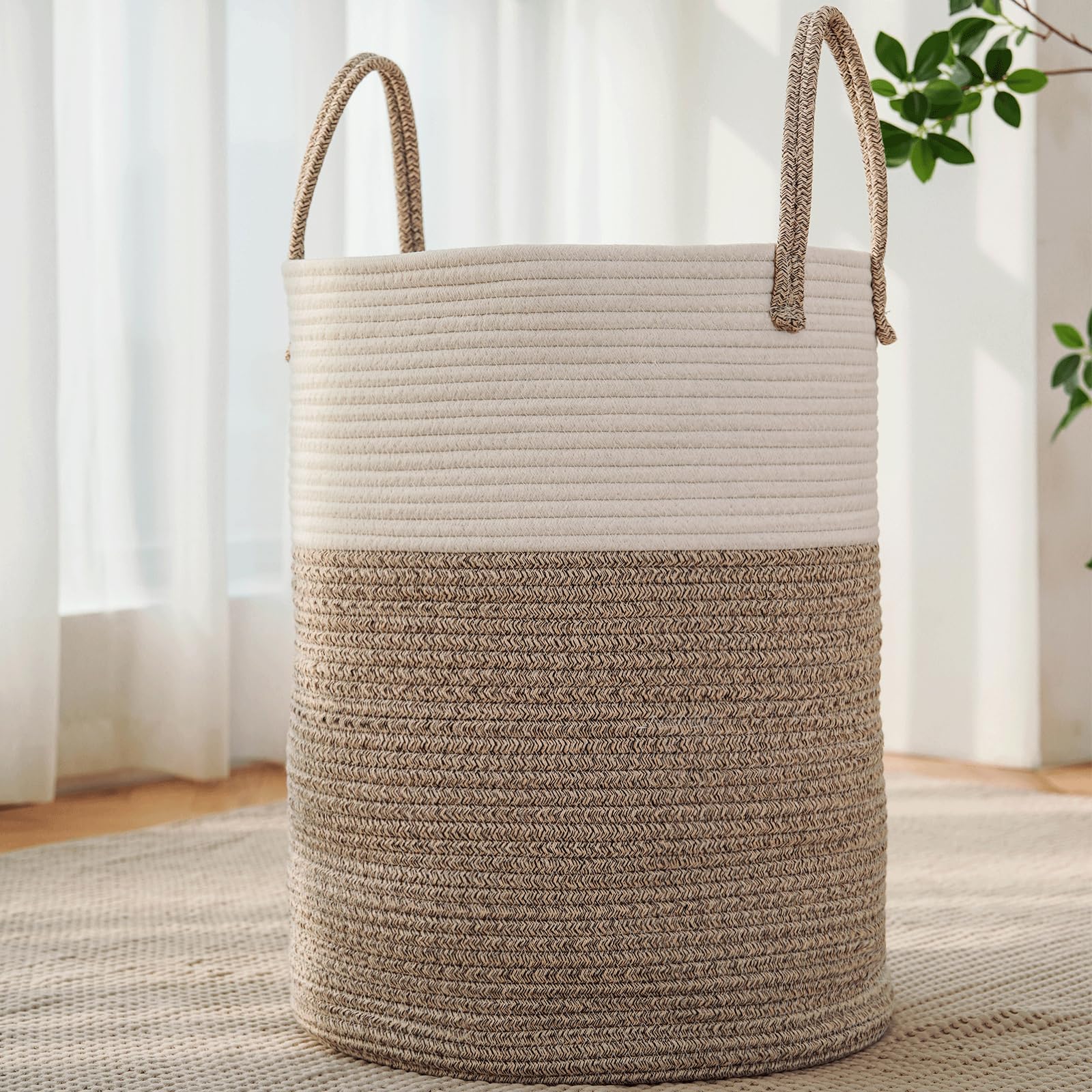 JMvicyroam 60L Cotton Rope Laundry Basket Hamper, Brown | Collapsible Laundry Ba
