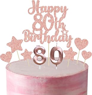 Gyufise 15Pcs Happy 80th Birthday Cake Topper Set with Heart Star Glitter Cheers to 80 Years Cake Picks Number 80 Candles Cake Decorations for Happy 80th Birthday Anniversary Party Supplies Rose Gold
