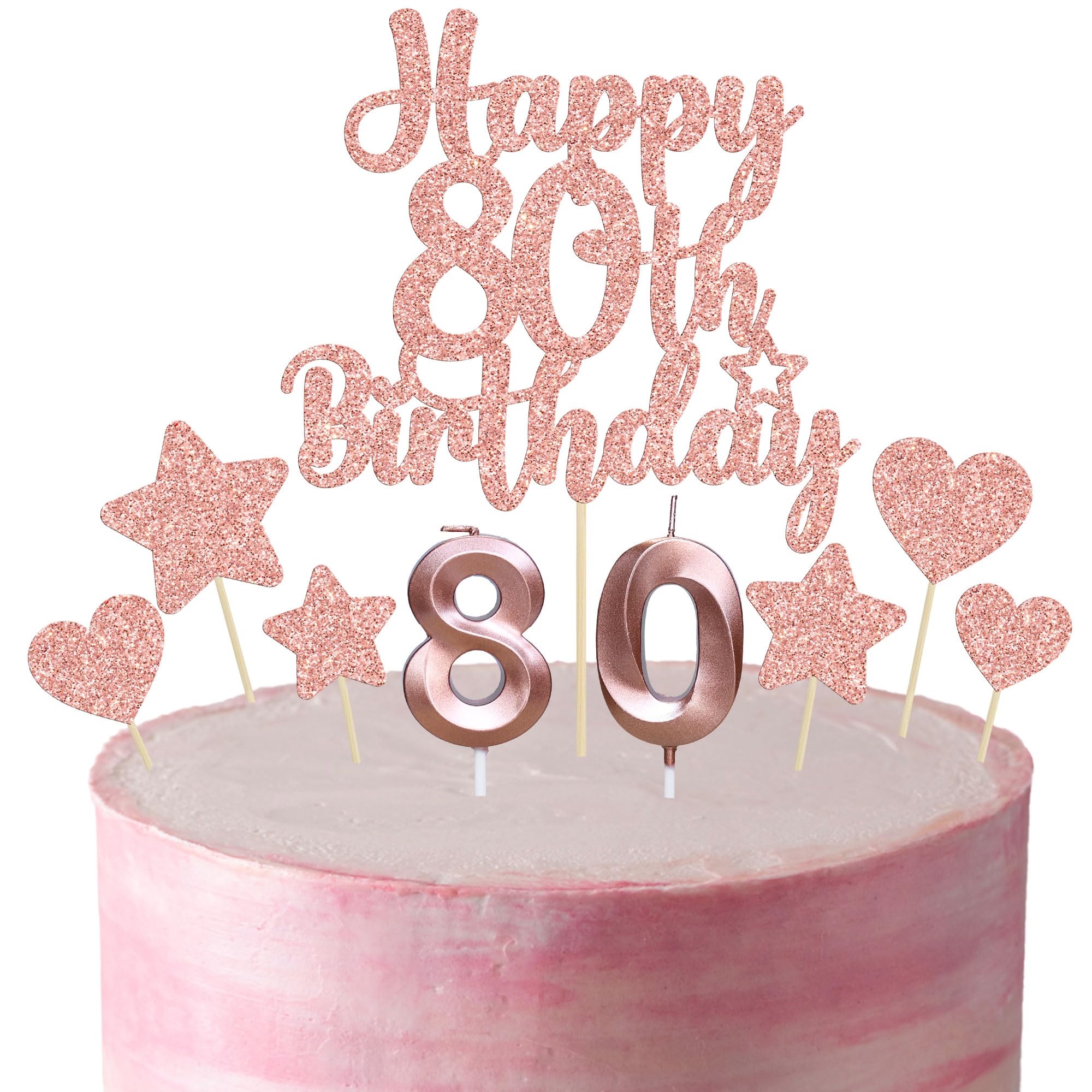 Gyufise 15Pcs Happy 80th Birthday Cake Topper Set with Heart Star Glitter Cheers