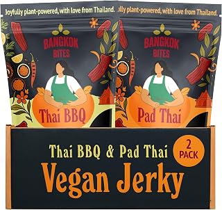 Bangkok Bites Vegan Jerky – Variety Pack (Thai BBQ + Pad Thai), Real Ingredients, High-Protein, Low Fat, Plant-Based Snacks, Non-GMO Soy, Chewy Texture, Natural, No Artificial Flavors, 2 oz (2-Pack)